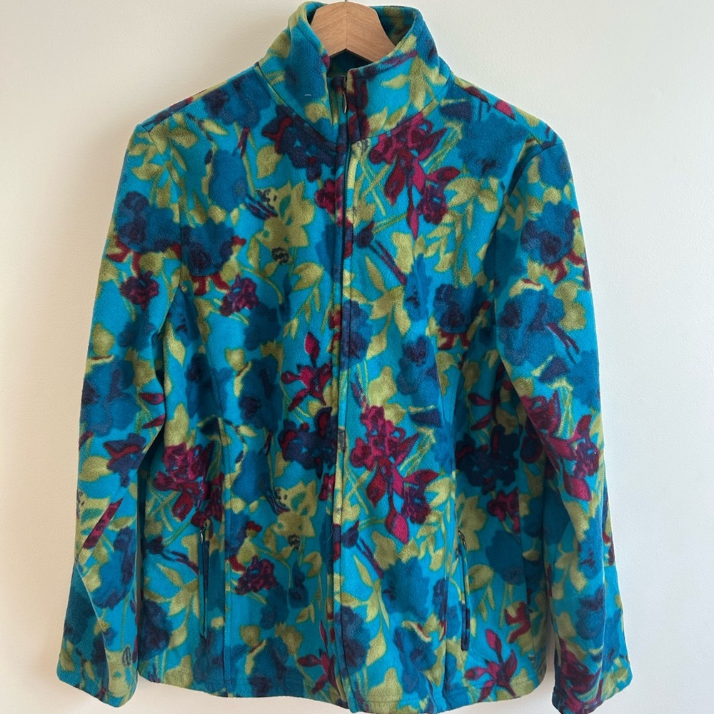 George Teal Floral Full-Zip Fleece Jacket with Red and Lime Accents